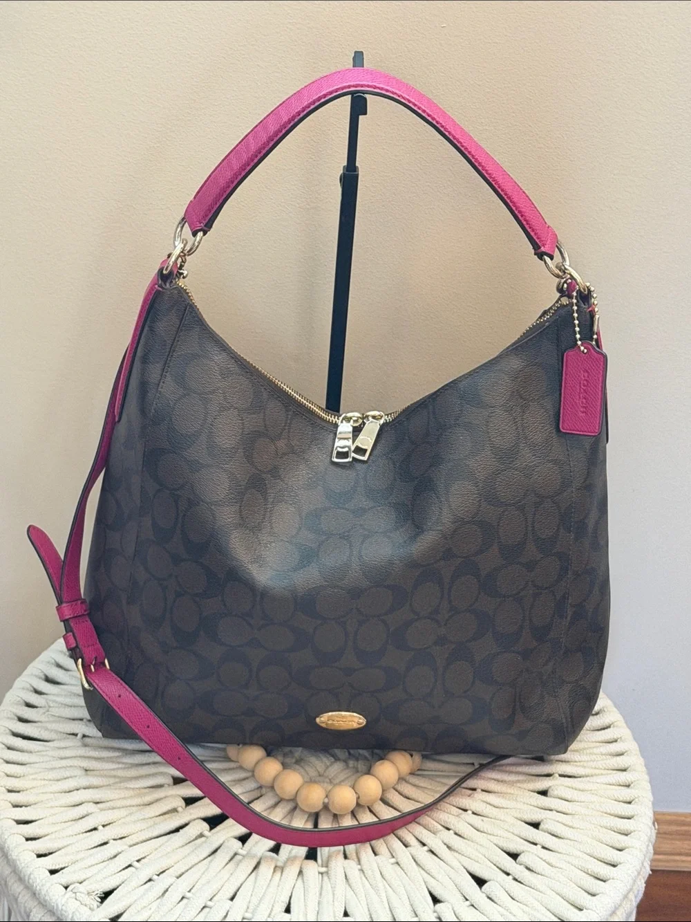 Coach Celeste Convertible Brown Signature Hobo with Fuchsia Leather Accents